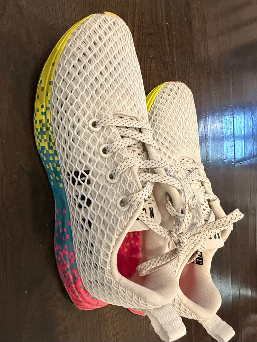 NOBULL Women’s White Mesh Sneakers with Yellow, Blue & Pink Accents